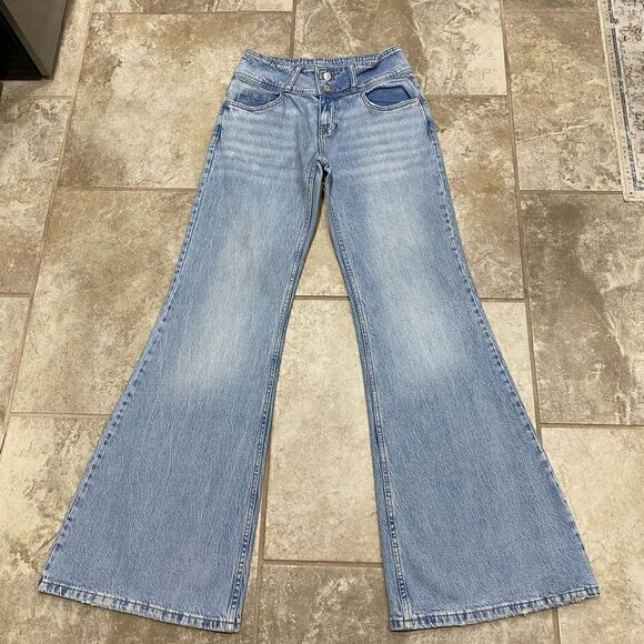 PIRAL 28x34 Mid Rise Stretch Flare Jeans Double Button Wide Leg Denim EUC - Picture 9 of 10
